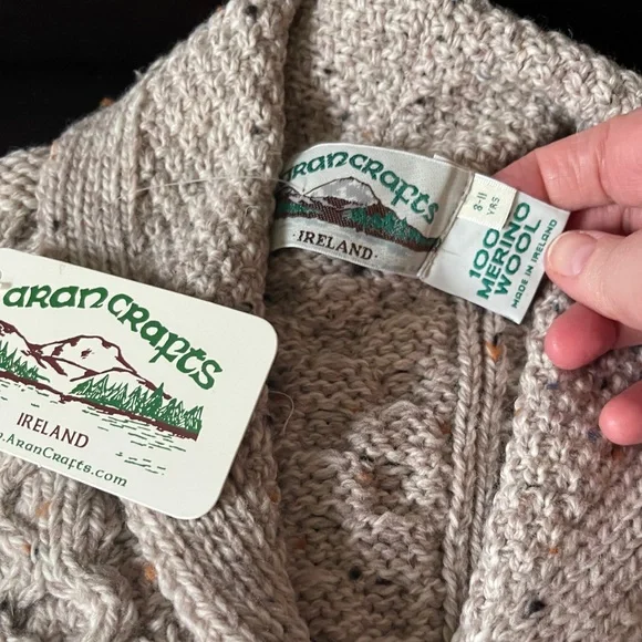Aran Crafts Ireland Boys Shawl Collar Cardigan. NWT. Color Oatmeal.